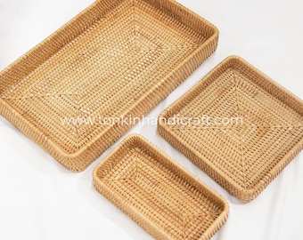 Rattan/ bamboo Square Serving Trays, weaving handmade, Decorative Vintage natural Decor Top Table wares, Fruit Plate, Big Plate