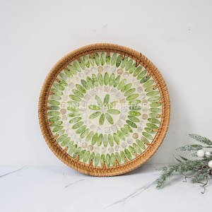 Rattan Lacquer Tray with handle 12&quot;, Bamboo Round Food Tray, Platters Plate for Breakfast,Drinks, Snack for Coffee Table, House Gift