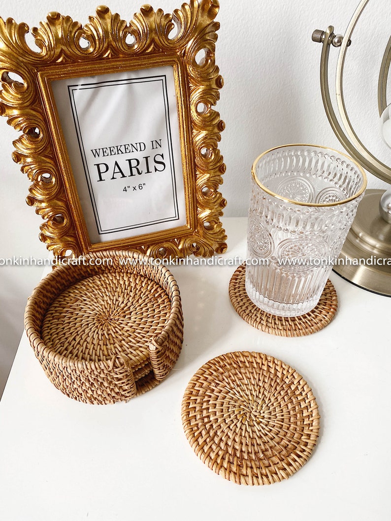 Set of 6 rattan coasters, Handmade Teacup Coasters Creative Gift for Kitchen Table Drinks Desk Office Hot for Drinks Round Natural Coasters image 4