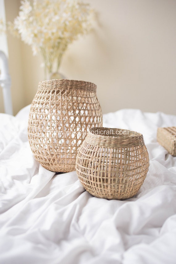 Set of 2 Seagrass Candle Holder, Handwoven Natural Candle Storage