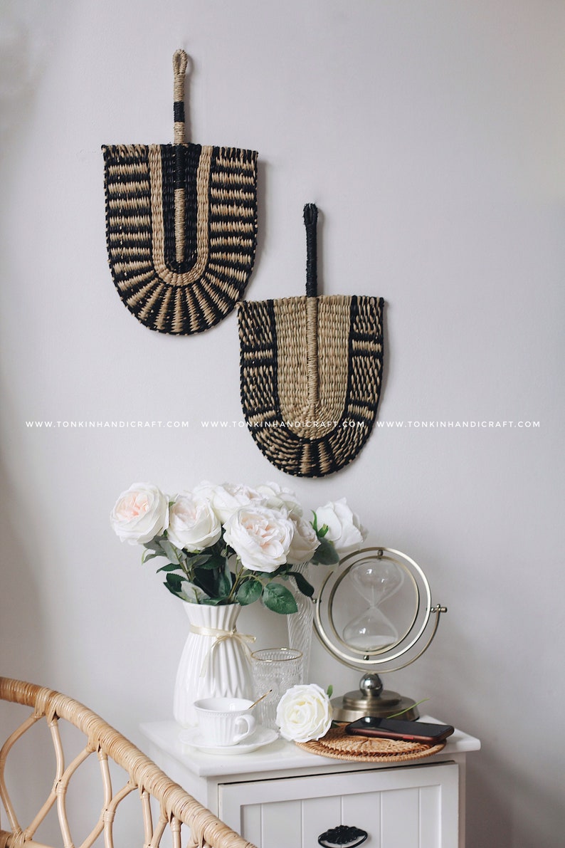 Set of 2 Seagrass Black Woven Fans Wallhanging Decoration Etsy