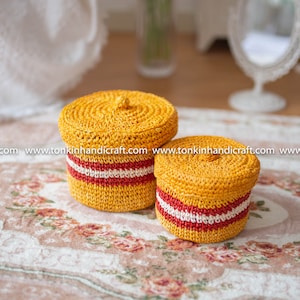 Set of 2 basket with lid, Braided Handwoven Orange Natural Round Holder natural weave wicker seagrass container Vintage Jar Bathroom Kitchen