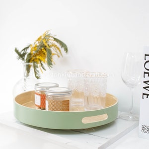 Bamboo Tray with handle, Spun Bamboo Round Food Tray, Platters Plate for Breakfast,Drinks, Snack for Coffee Table, House Gift 35 x 35 x 5 cm