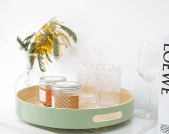 Bamboo Tray with handle, Spun Bamboo Round Food Tray, Platters Plate for Breakfast,Drinks, Snack for Coffee Table, House Gift 35 x 35 x 5 cm