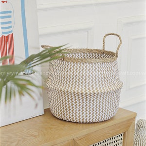 Seagrass belly basket, handmade basket, natural weave basket, Straw Storage woven natural Decor Storage, Folding Plants Pots Laundry storage