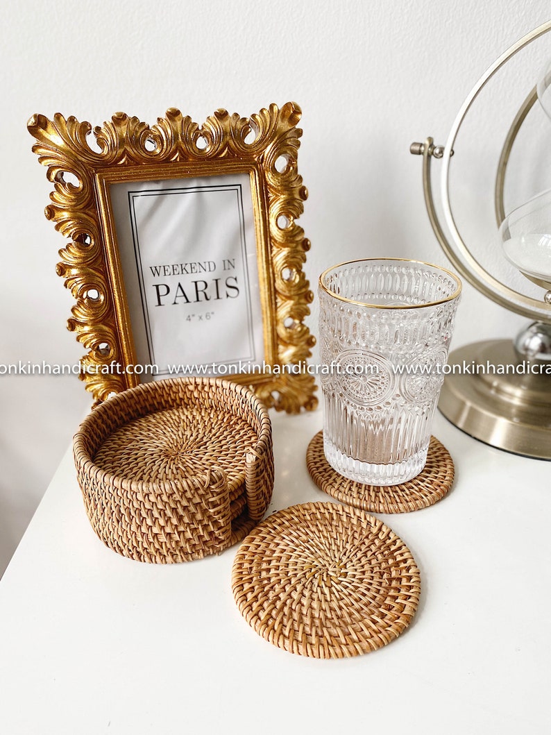 Set of 6 rattan coasters, Handmade Teacup Coasters Creative Gift for Kitchen Table Drinks Desk Office Hot for Drinks Round Natural Coasters image 1