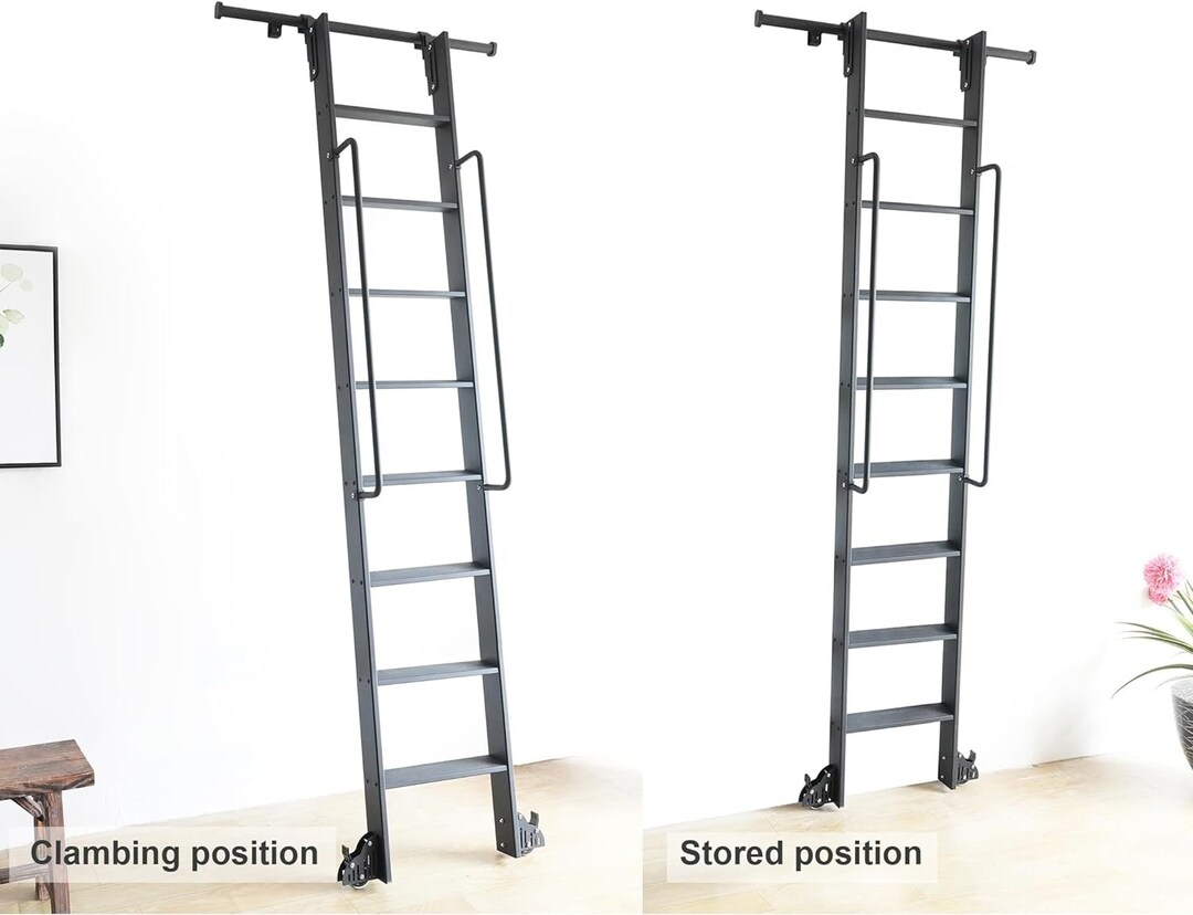 HARDJULAN Hook on Rolling Library Ladder Track Kit With Metal Ladder