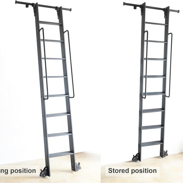 HARDJULAN Hook On Rolling Library Ladder Track Kit with Metal Ladder with Grab Handle