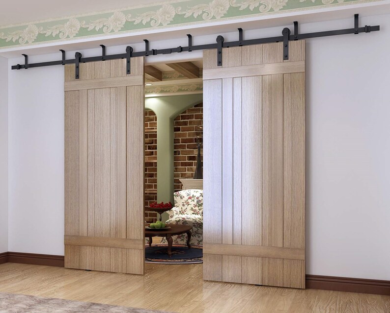 Black Ceiling Mount Double Sliding Barn Door Hardware Wooden Etsy