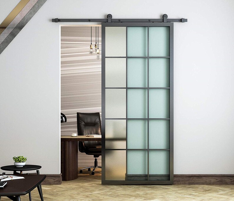 DIYHD Black Aluminum Frame Glass Sliding Barn Door Slab Etsy