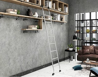 DIYHD Tensible Stainless Steel Stand Up Rolling Library Ladder,Including Floor Roller,No Top Roller