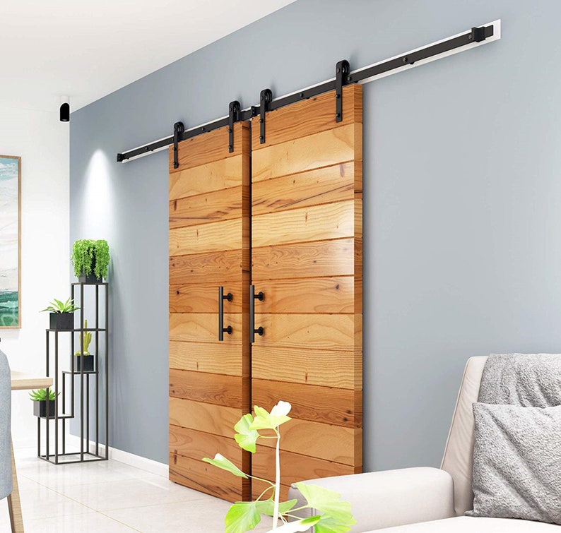 DIYHD Bent Straight Rustic Black Double Sliding Barn Wood Door Etsy