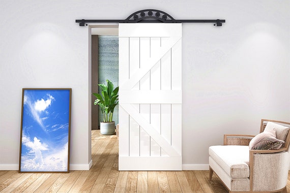 Diyhd Black Wrought Iron One Piece Fan Shaped Roller Sliding Barn Door Hardware