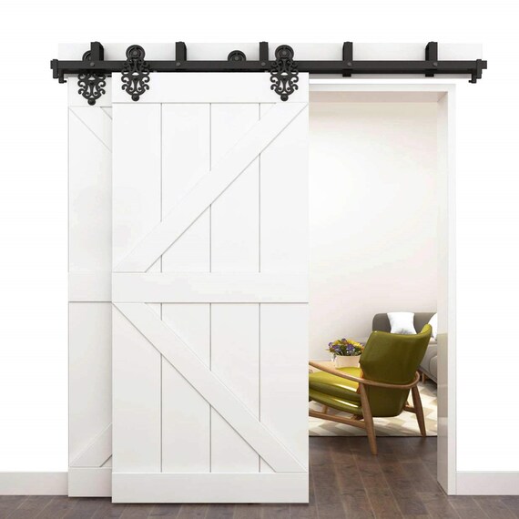 Diyhd Black Bypass Sliding Barn Door Hardware Wall Mount Bracket Ornate Wheel Double Bypass Barn Door Track