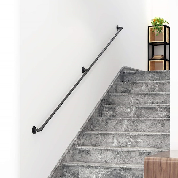 DIYHD Wall Support Industrial Black Iron Loft Pipe Handrail for Stairs,Rustic Black