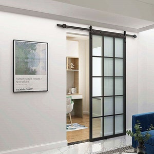 DIYHD Black Framed Clear Glass Sliding Barn Door Slab,Tempered Assembled Prehung Glass Door Panel