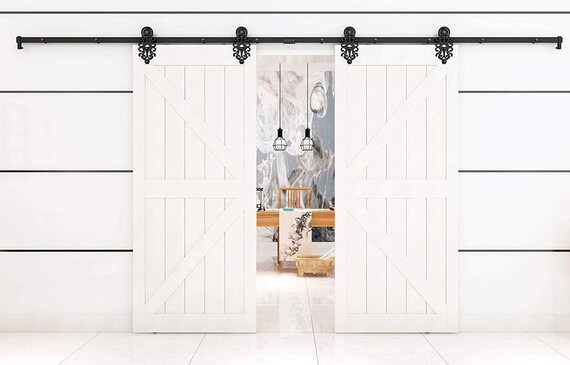 Diyhd Ornate Roller Double Hardware Interior Barn Door Black Sliding Track Kit For 2 Doors