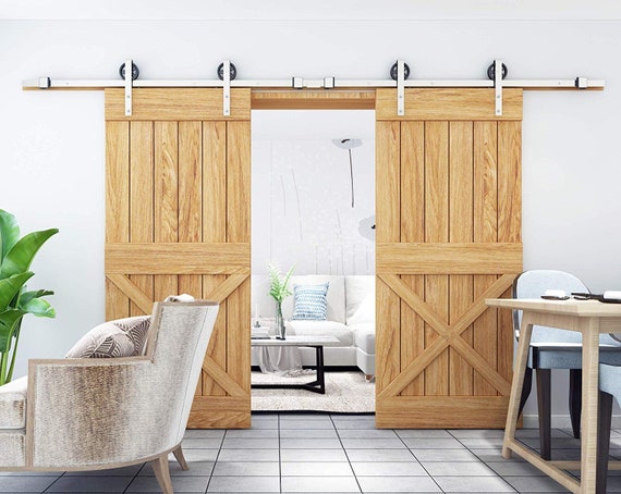 Big Industrial Spoke Wheel Brushed Nickel Steel Double Sliding Barn Door Hardware