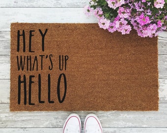 Hey What's Up Hello Doormat - Handpainted Door Mat Quote Unique Funny Cute Home Decor Hi Greeting Welcome Mat