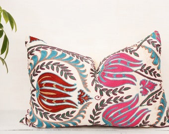 Blue Pink Red Handmade Tulip Embroidery Pillow, Suzani Pillow, Suzani Cushion Cover, Bohemia Pillow Cover, Suzani Cushion, Decorative Pillow