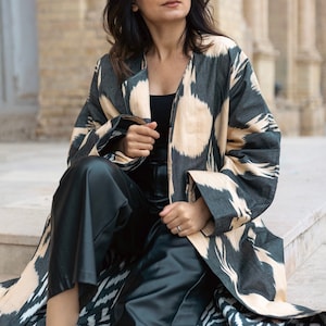 Uzbek ikat kaftan, ikat chapan, ikat coat, organic cotton dress, handmade kaftan ikat, handwoven fabric cloth, casual kaftan, gift for her