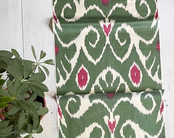 Green Ikat Fabric, Organic Cotton Handwoven Material