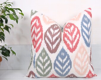 Decorative Pillow Cover Blue Red Green Peach, Brown Leaves Beige Background, Throw Pillow Cover, Ikat Pillow Cover, Ikat Cushion Cover, Sale