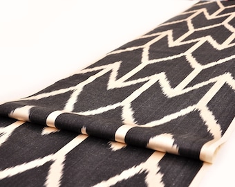 Handwoven Black Silk Ikat Fabric, Geometric Pattern, Upholstery By The Yard
