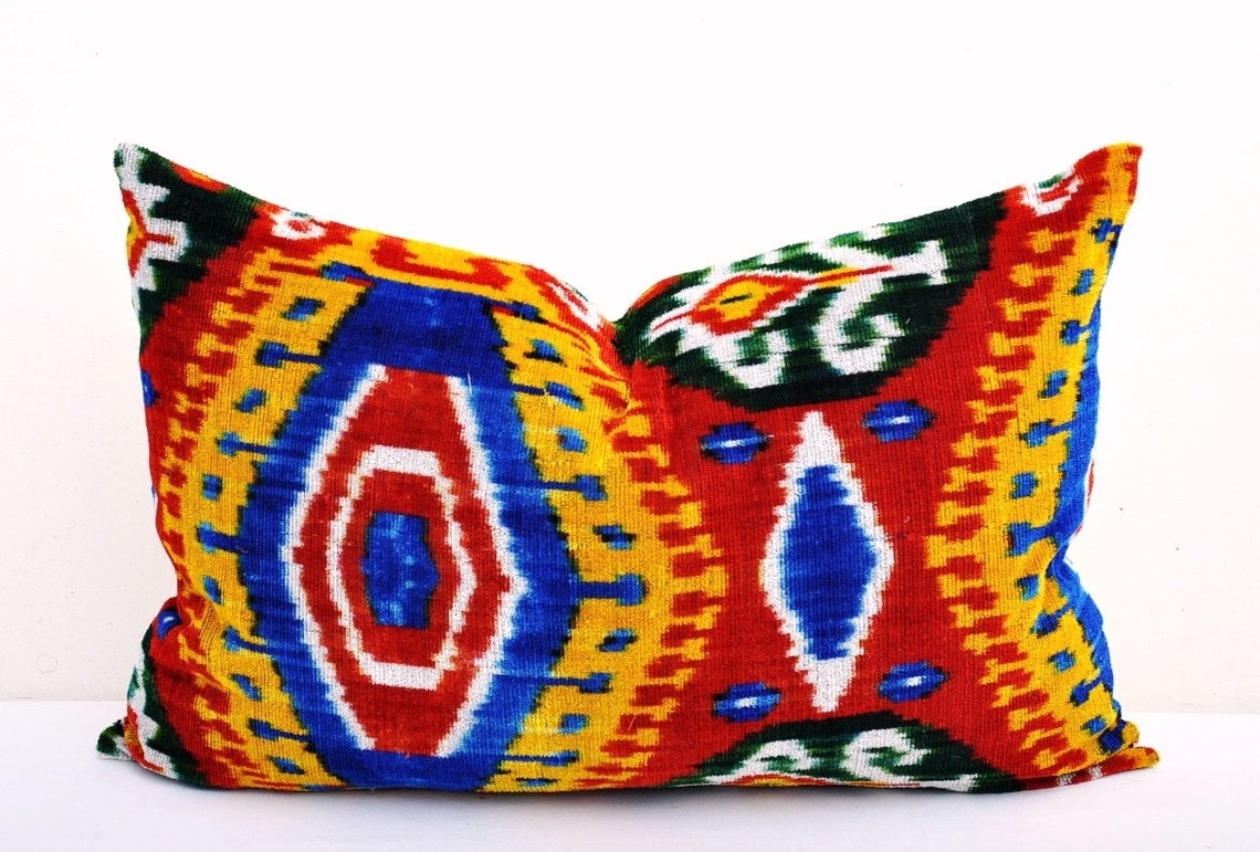 Multi Color Velvet Ikat Pillow Ikat Cushion Accent Etsy