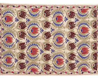 Large Suzani Turkish Tulip Pattern – Uzbek Handmade Embroidery 215 x 145 cm Wall Textile