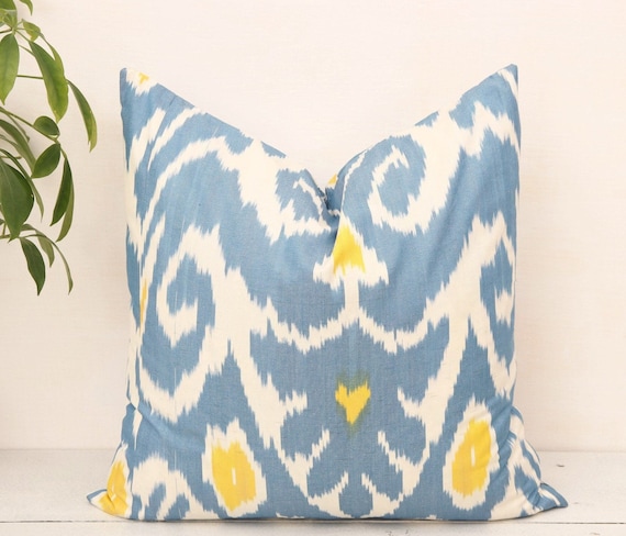 Ikat Art Deco Cotton Cushion Cover, Luxury Blue Pillow (20x20 inches)