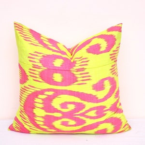 20x20 Yellow and pink ikat pillow, Ikat cushion, Accent decorative pillow, Handmade pillow, Throw pillow, Silk ikat pillow, Ikat pillow
