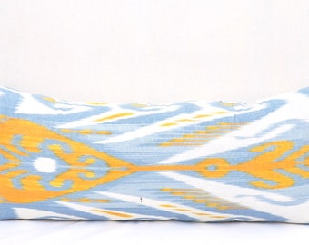 Sky Blue and Yellow Long Body Pillow, Silk Body Pillow Covers, Long Pillow Covers, Extra Long Lumbar Pillow, Ikat Pillow, Bedroom pillow