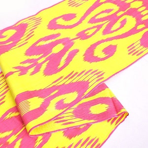 Pink and Yellow silk ikat fabric, upholstery, handwoven fabric, handloom, Clothing fabric, Uzbek ikat fabric, Silk ikat fabric by the yard