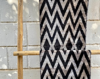 Handwoven Chevron Velvet Ikat Fabric, Black Upholstery Textile
