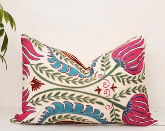 Embroidered Suzani Pillow Cover, Hand-stitched Lumbar Cushion (24x15 inch)
