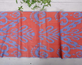 Red & Blue Silk Ikat Fabric, Hand-Dyed Woven Material, 20" Wide