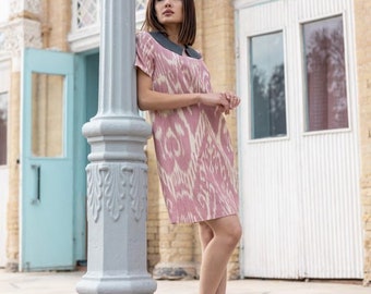 Handwoven Ikat Dress, Mulberry Silk Cotton, Pink Boho Midi
