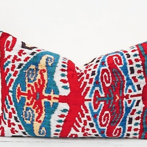 Rainbow Colors Velvet Ikat Silk Fabric Pillow, Uzbek Pattern Pillow, Uzbek Handwoven Fabric, Ikat Fabric, Handmade Handwoven Velvet Pillows
