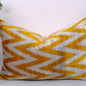 Yellow chevron velvet pillow, Ikat pillow, Decorative pillow, Velvet pillow, Handmade ikat pillow, Velvet pillow cover, Silk ikat pillow