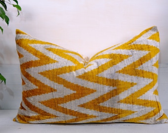 Yellow chevron velvet pillow, Ikat pillow, Decorative pillow, Velvet pillow, Handmade ikat pillow, Velvet pillow cover, Silk ikat pillow