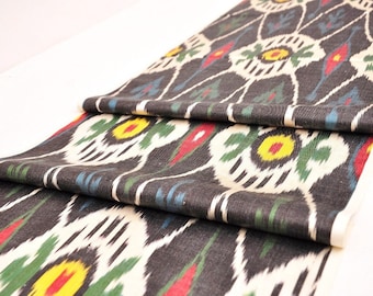 Black Silk Ikat Fabric, Handwoven Cotton Blend, 16" Wide