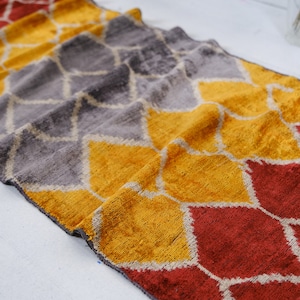 Handwoven Silk Velvet Ikat Fabric, Red Yellow Gray, Upholstery Material