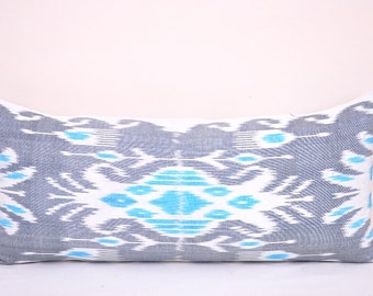 Stee Blue Long Body Pillow, Silk Body Pillow Covers, Decorative pillow, Extra Long Lumbar Pillow, Ikat cushion, Ikat Elegance Pillow