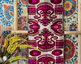 Handwoven Silk Velvet Ikat Fabric, Fuschia Pink & Gray, 16" Wide