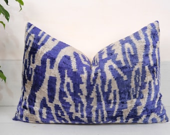 Blue velvet pillow, Blue Ikat pillow, Decorative pillow, Velvet pillow, Home pillow, Silk pillow, Pillow blue, Throw pillow, Accent Pillow