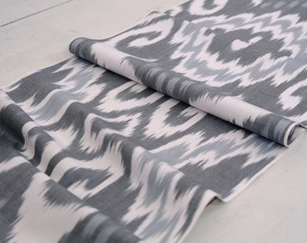 Grey Cotton Ikat Fabric, Handwoven Uzbek Textile, Home Decor