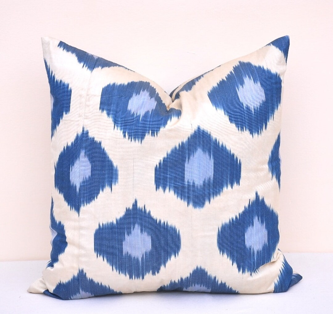 Blue Ikat Pillow, Ikat Cushion Cover, Accent Sofa Pillow, Handmade