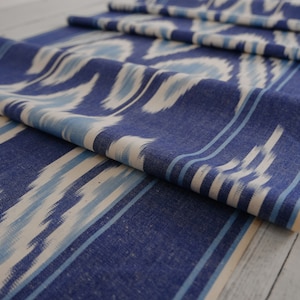 Sustainable fabric cotton 50 cm width sold by meter blue ikat pattern naturally dyed fabric cotton patiently woven by local women community