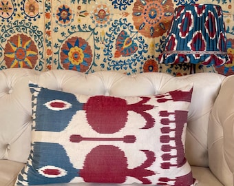 Handmade Ikat Lumbar Pillow Cover, Wine Red Pomegranate, Boho Chic